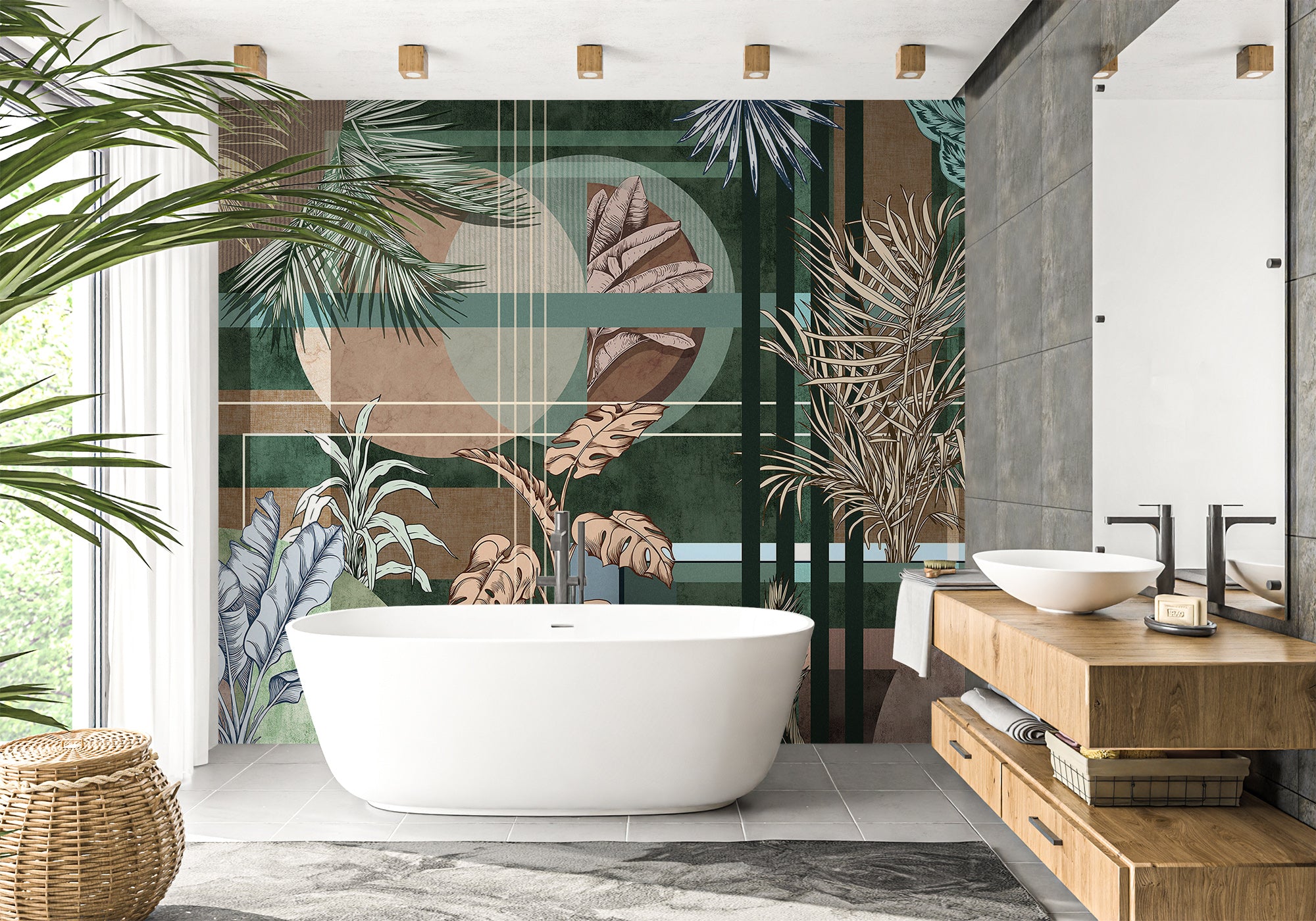 Papier peint salle de bain Geometric palms, XXL, tendance