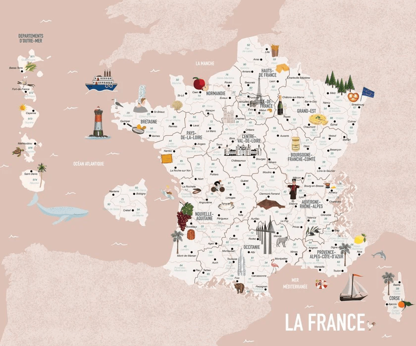 Papel pintado infantil con mapa de Francia en rosa