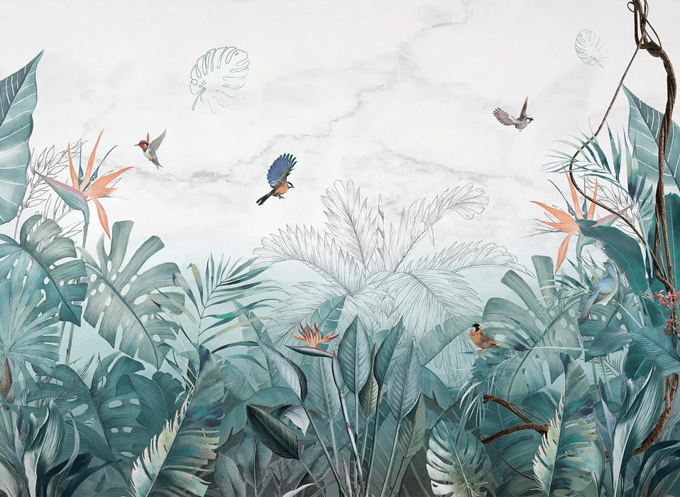 Papel pintado jungla azul mármol