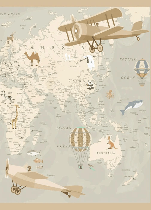 Papel pintado infantil con mapa del mundo aviador