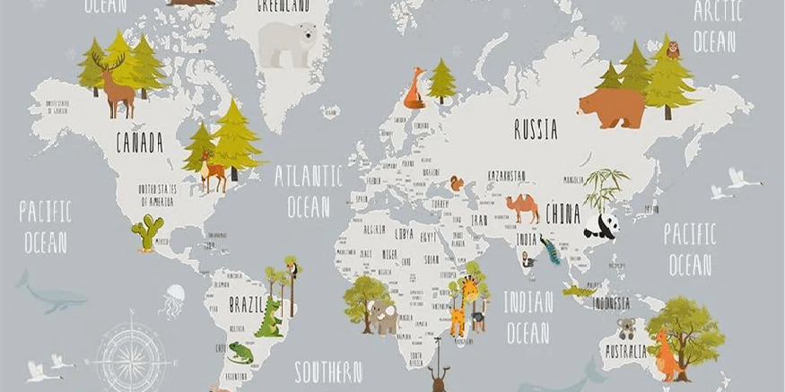 Papel pintado para habitación infantil con mapa de animales en gris claro