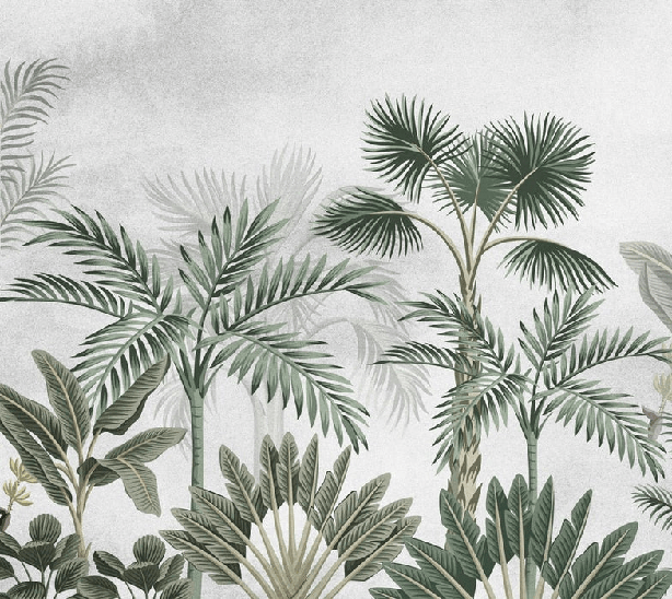 Papel pintado con motivos selváticos y árboles exóticos