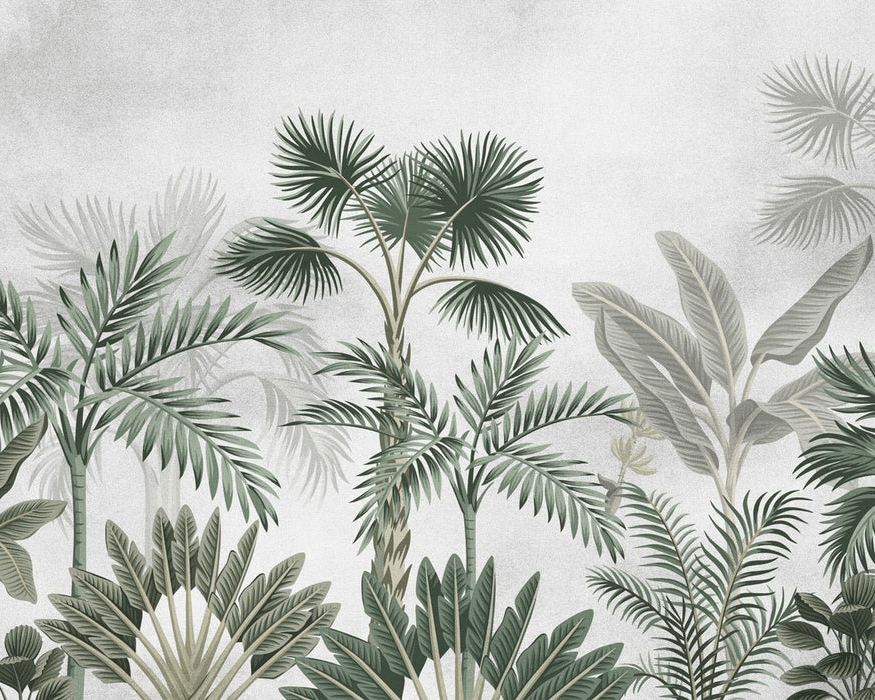 Papel pintado con motivos selváticos y árboles exóticos