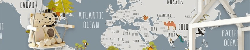 Papel pintado para habitación infantil con mapa de animales grises
