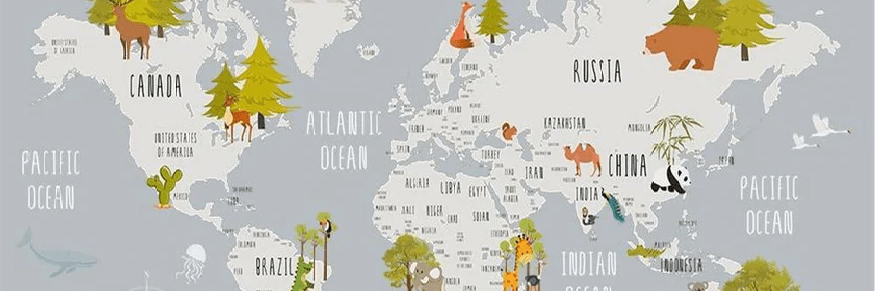 Papel pintado para habitación infantil con mapa de animales en gris claro