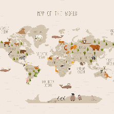 Mapa del mundo ilustrado Animales beige