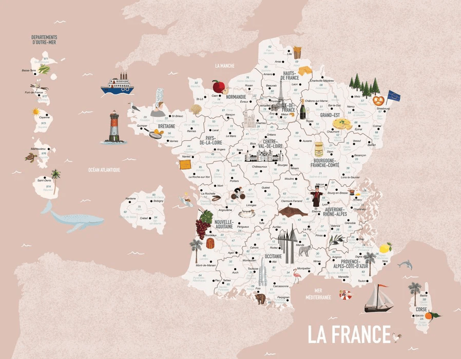 Papel pintado infantil con mapa de Francia en rosa
