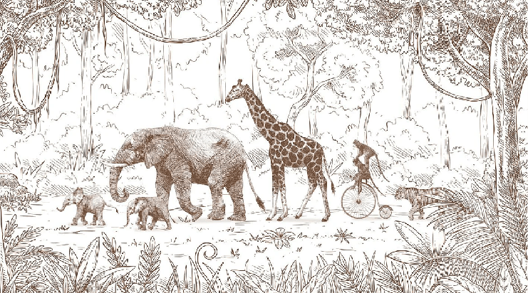 Papel pintado infantil monocromo con motivos selváticos