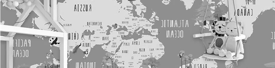 Papel pintado para habitación infantil con mapa de animales grises