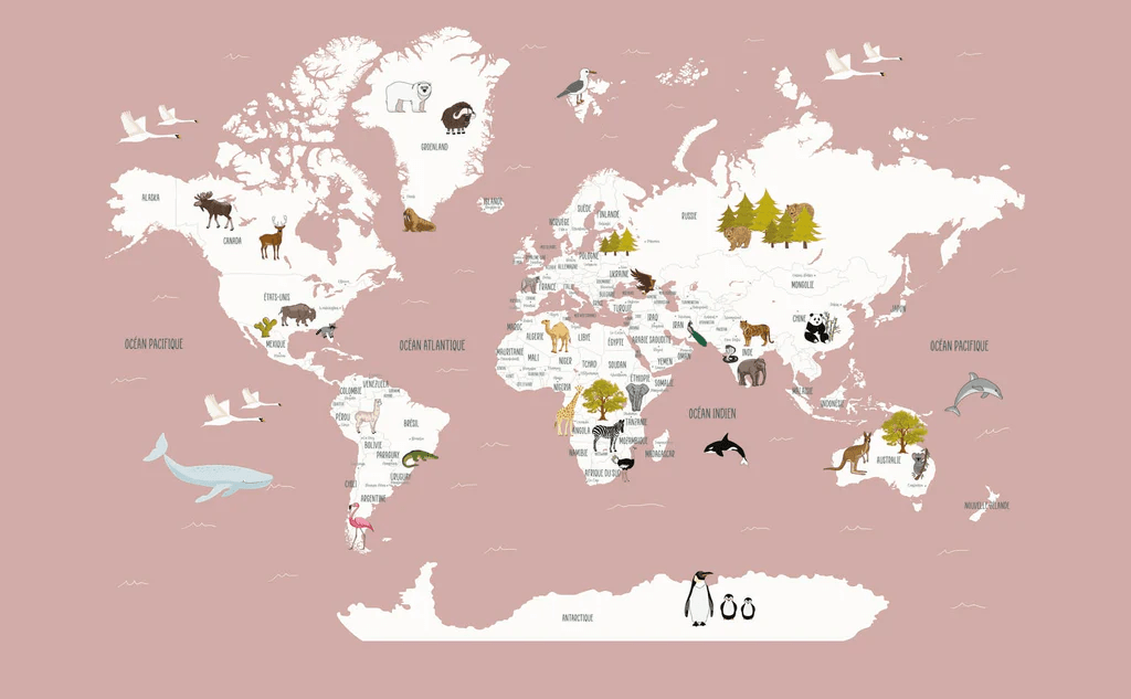 Papel pintado Mapa del mundo en francés para niños, rosa antiguo