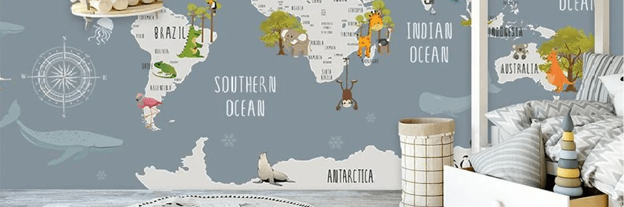 Papel pintado para habitación infantil con mapa de animales grises