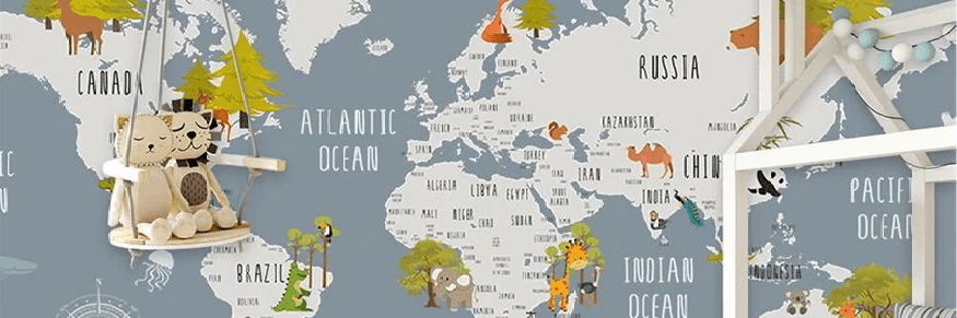 Papel pintado para habitación infantil con mapa de animales grises