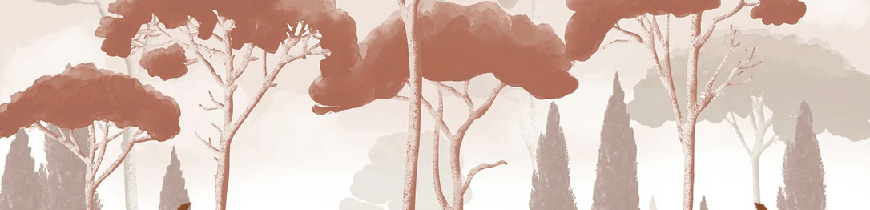 Papel pintado ciprés, pinos y hierbas de la pampa terracota