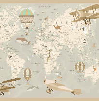 Papel pintado infantil con mapa del mundo aviador
