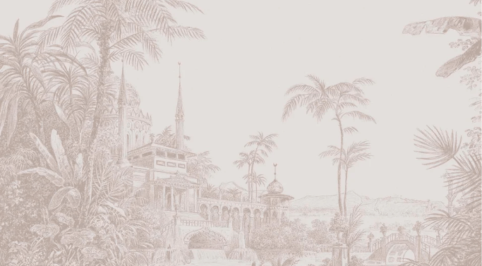 Papel pintado jungla templo monocromo