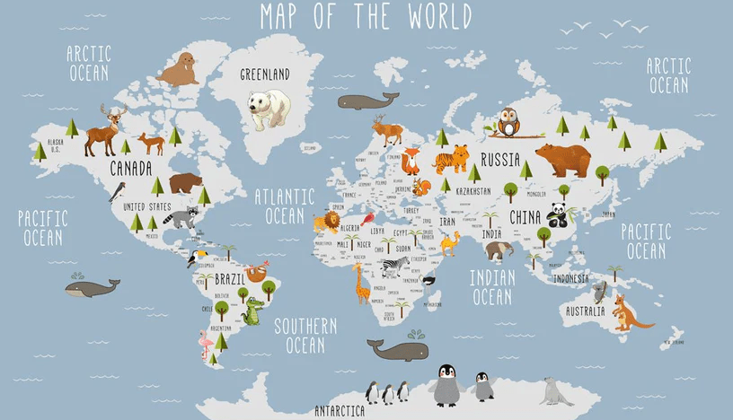 Papel pintado Mapa del mundo ilustrado Animales