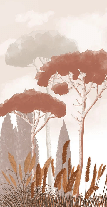 Papel pintado ciprés, pinos y hierbas de la pampa terracota