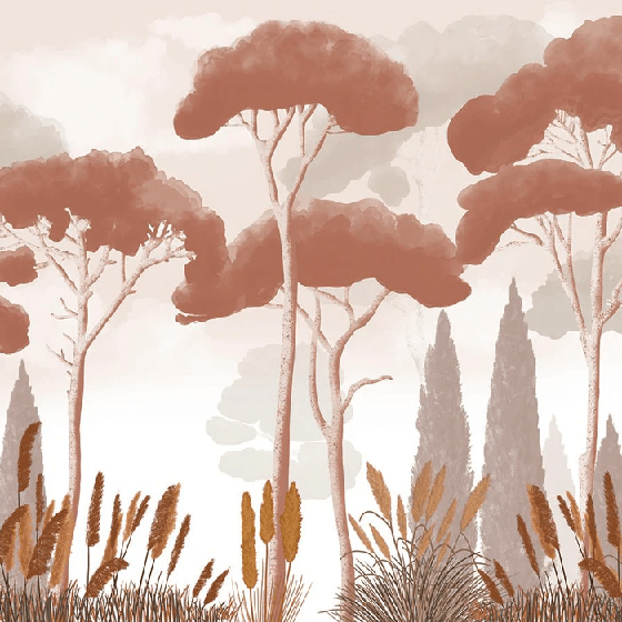 Papel pintado ciprés, pinos y hierbas de la pampa terracota