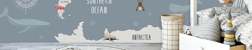 Papel pintado para habitación infantil con mapa de animales grises
