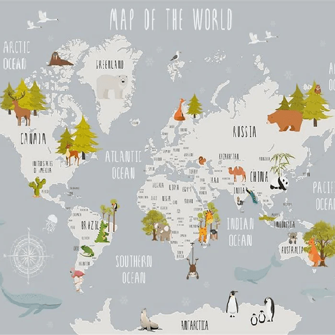 Papel pintado para habitación infantil con mapa de animales en gris claro