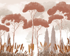 Papel pintado ciprés, pinos y hierbas de la pampa terracota