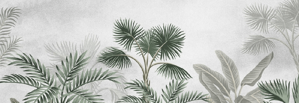 Papel pintado con motivos selváticos y árboles exóticos