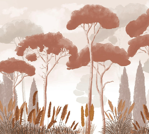Papel pintado ciprés, pinos y hierbas de la pampa terracota