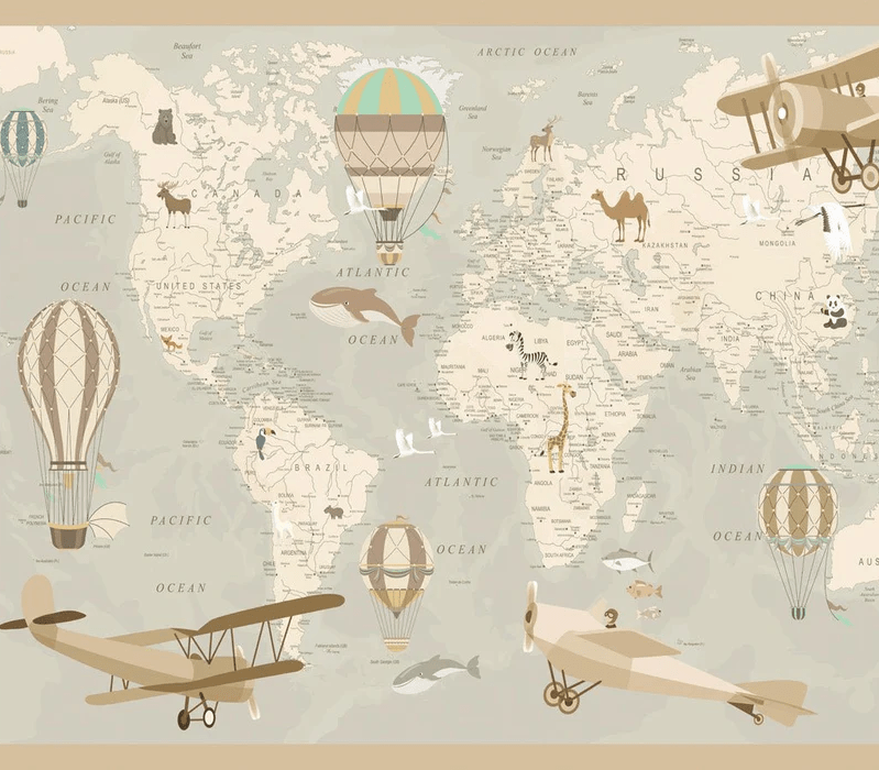 Papel pintado infantil con mapa del mundo aviador
