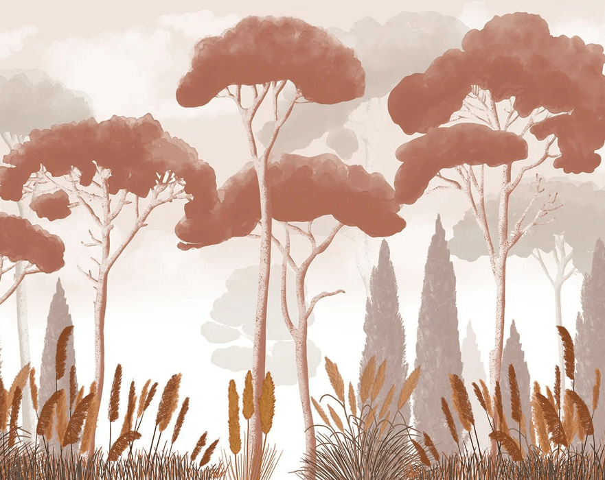 Papel pintado ciprés, pinos y hierbas de la pampa terracota