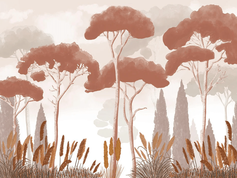 Papel pintado ciprés, pinos y hierbas de la pampa terracota