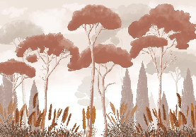 Papel pintado ciprés, pinos y hierbas de la pampa terracota