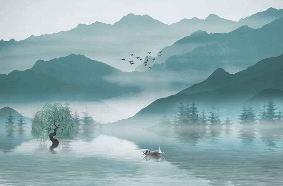 Papel pintado entre montaña y lago