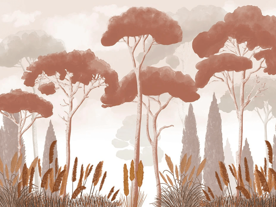 Papel pintado ciprés, pinos y hierbas de la pampa terracota