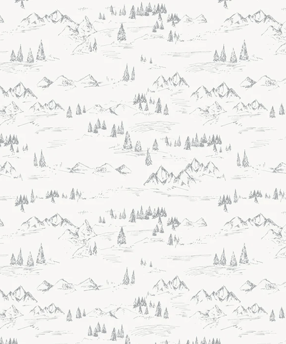 Papel pintado con ilustración de montaña y abeto