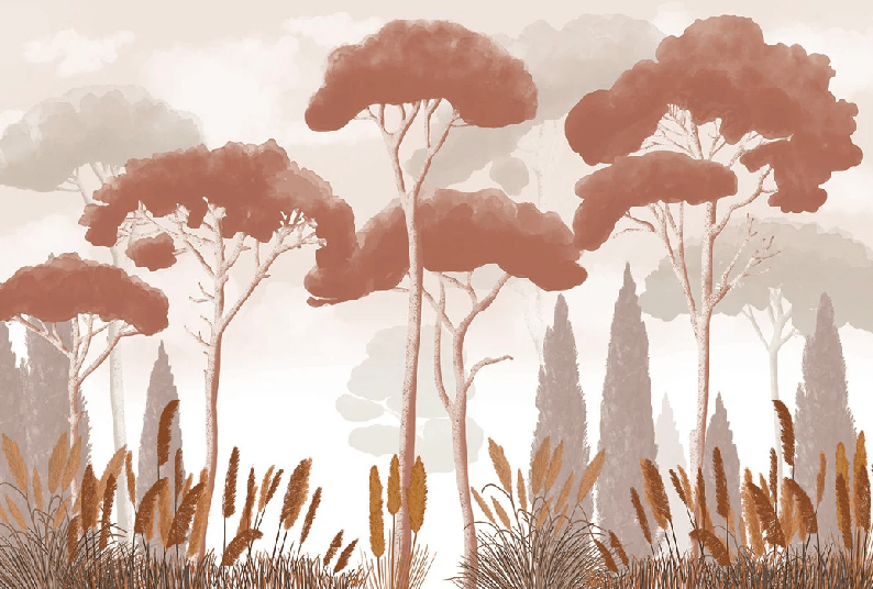 Papel pintado ciprés, pinos y hierbas de la pampa terracota