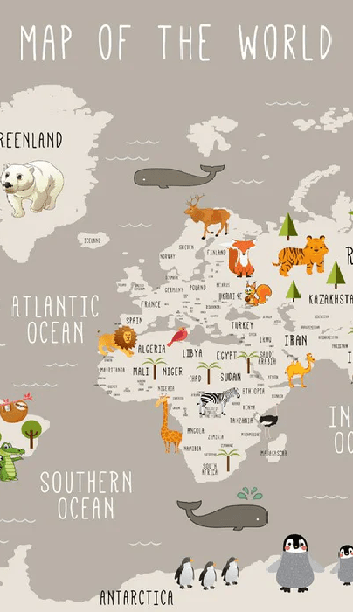 Mapa del mundo ilustrado Animales topo