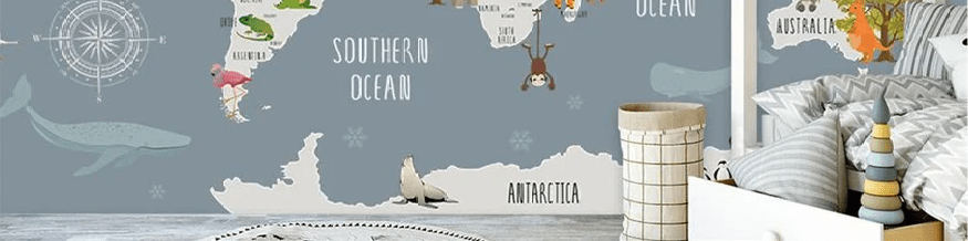 Papel pintado para habitación infantil con mapa de animales grises