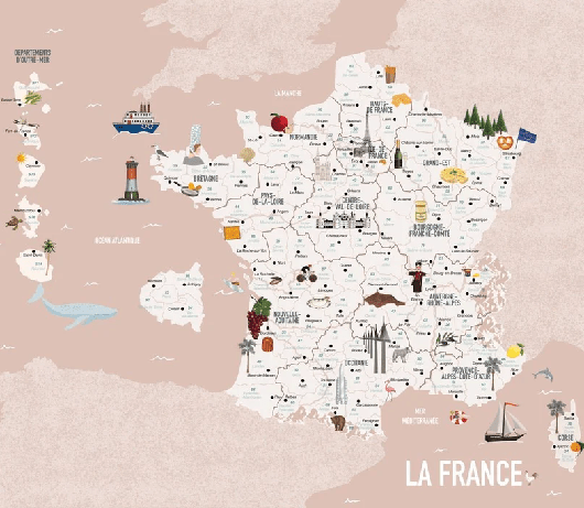 Papel pintado infantil con mapa de Francia en rosa