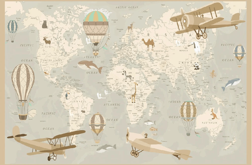 Papel pintado infantil con mapa del mundo aviador