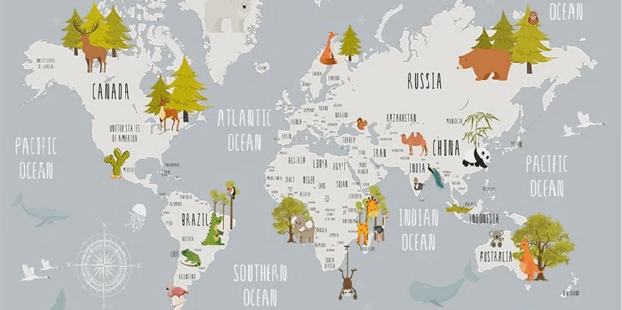 Papel pintado para habitación infantil con mapa de animales en gris claro