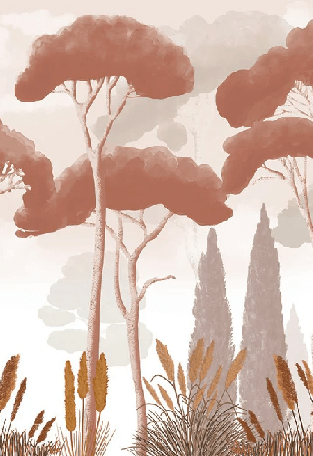 Papel pintado ciprés, pinos y hierbas de la pampa terracota