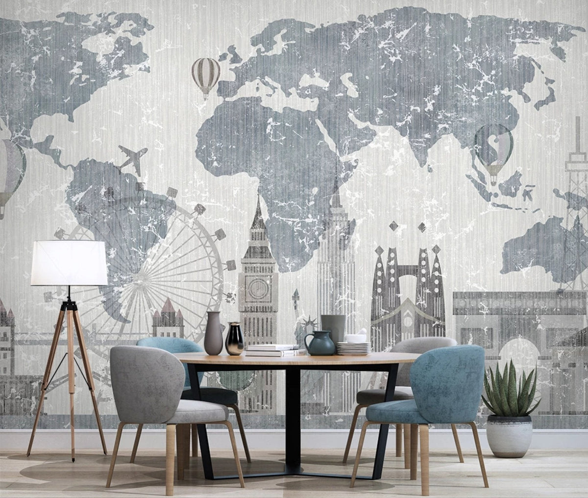 Papel pintado Mapa del mundo Vintage y monumentos