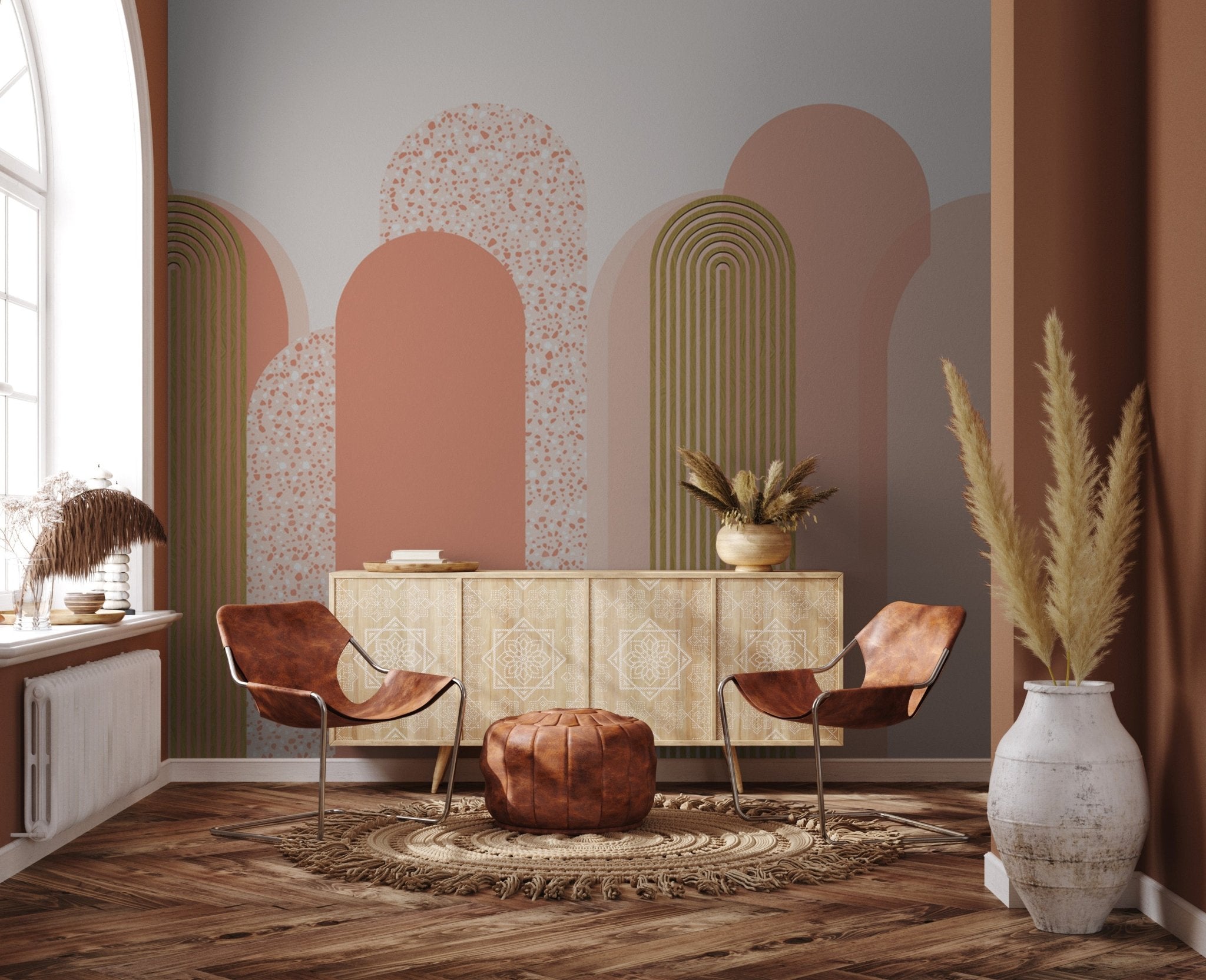 Papier peint Art déco graphique tendance rosé, mural concept, tendance