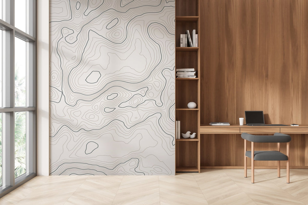 Papel pintado con líneas topográficas - Blanco y negro
