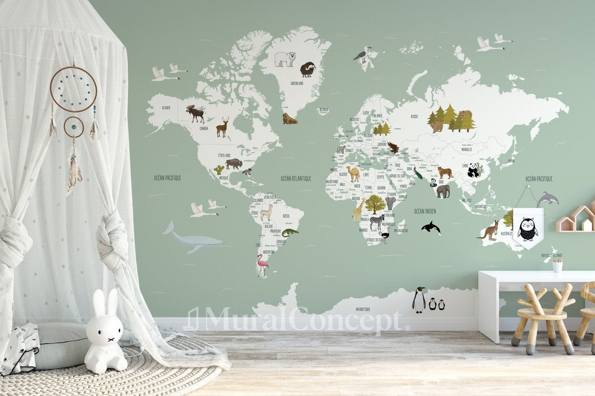 Papel pintado Mapa del mundo en francés para niños verde