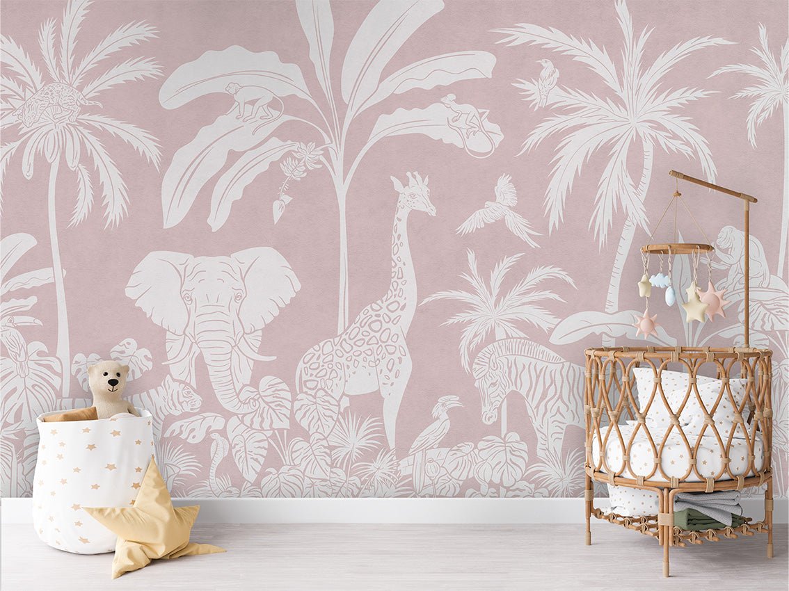 Papier peint enfant safari monochrome rose, XXL, tendance
