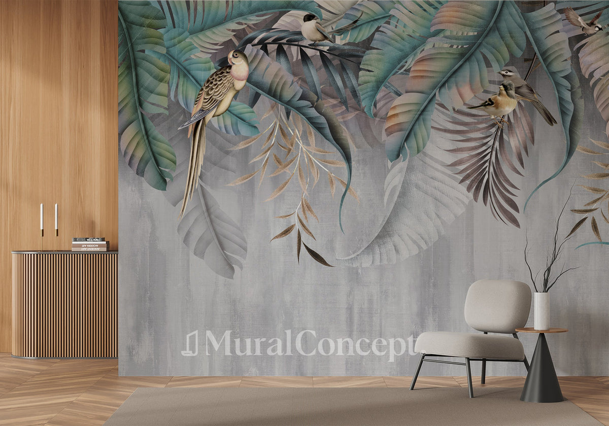 Papel pintado Hojas y pájaros