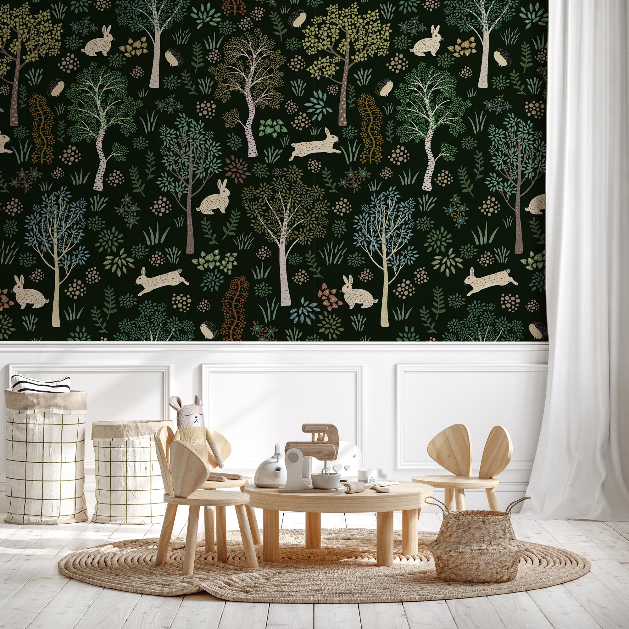 Papier peint panoramique bébé forêt et lapins, mural concept, tendance