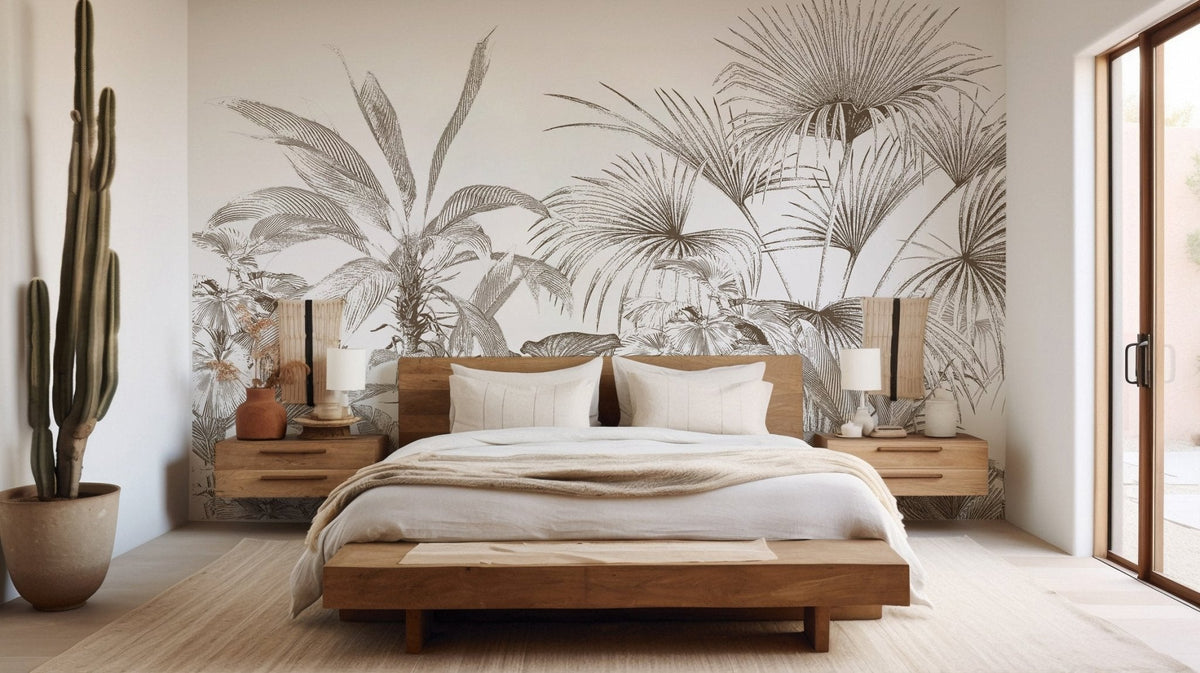Papel pintado tropical con grabado monocromo