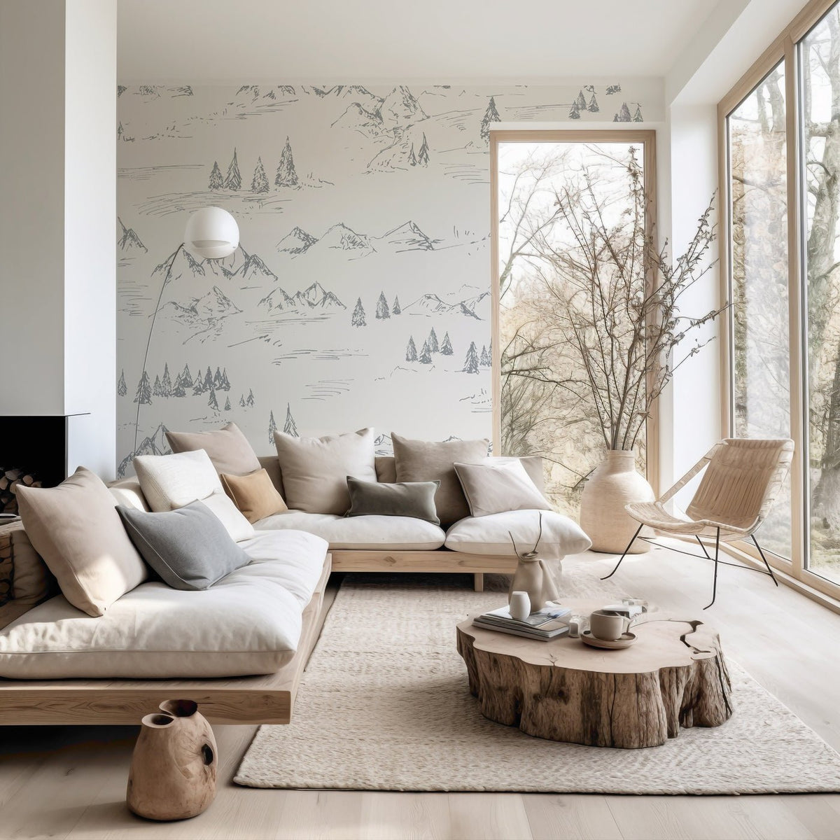 Papel pintado con ilustración de montaña y abeto